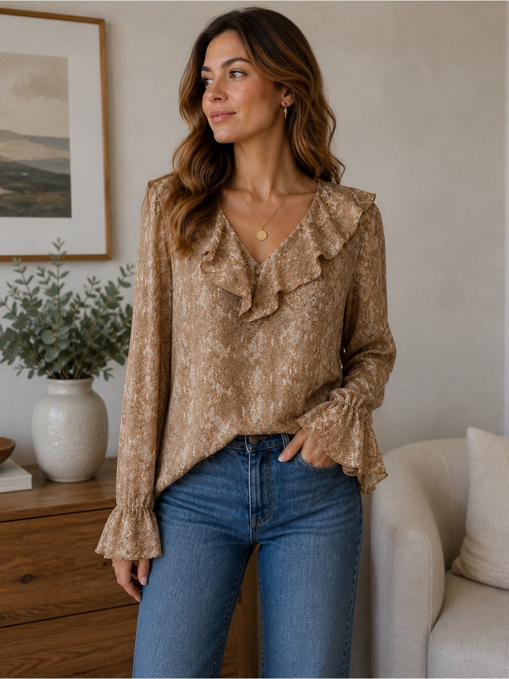 devotion snake print blouse neutral ruffle collar long sleeve top womens
